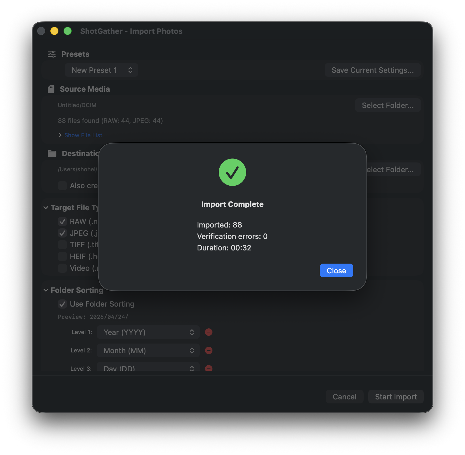 ShotGather import completion screen