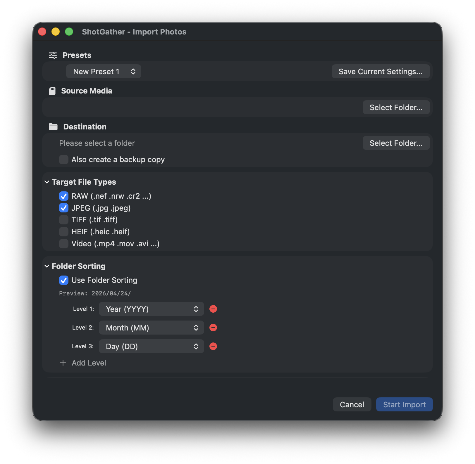 ShotGather import dialog (default view)