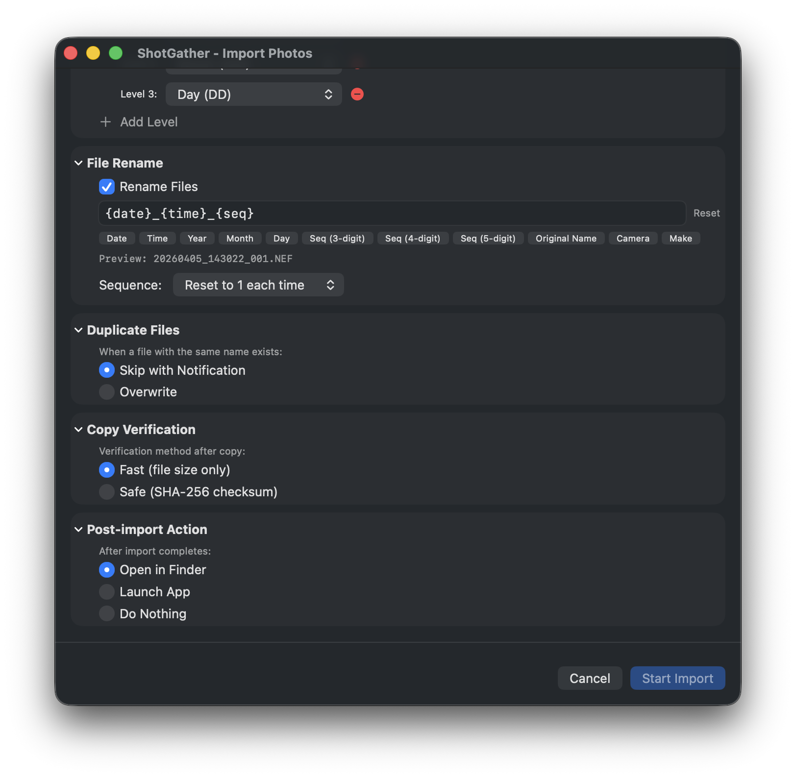 ShotGather import dialog (all sections expanded)