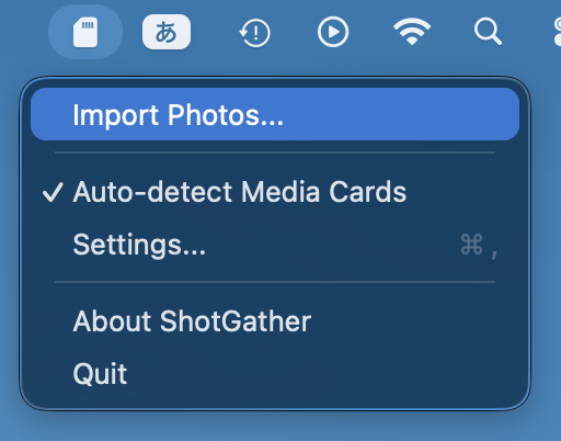 Menu that appears when clicking the ShotGather menu bar icon