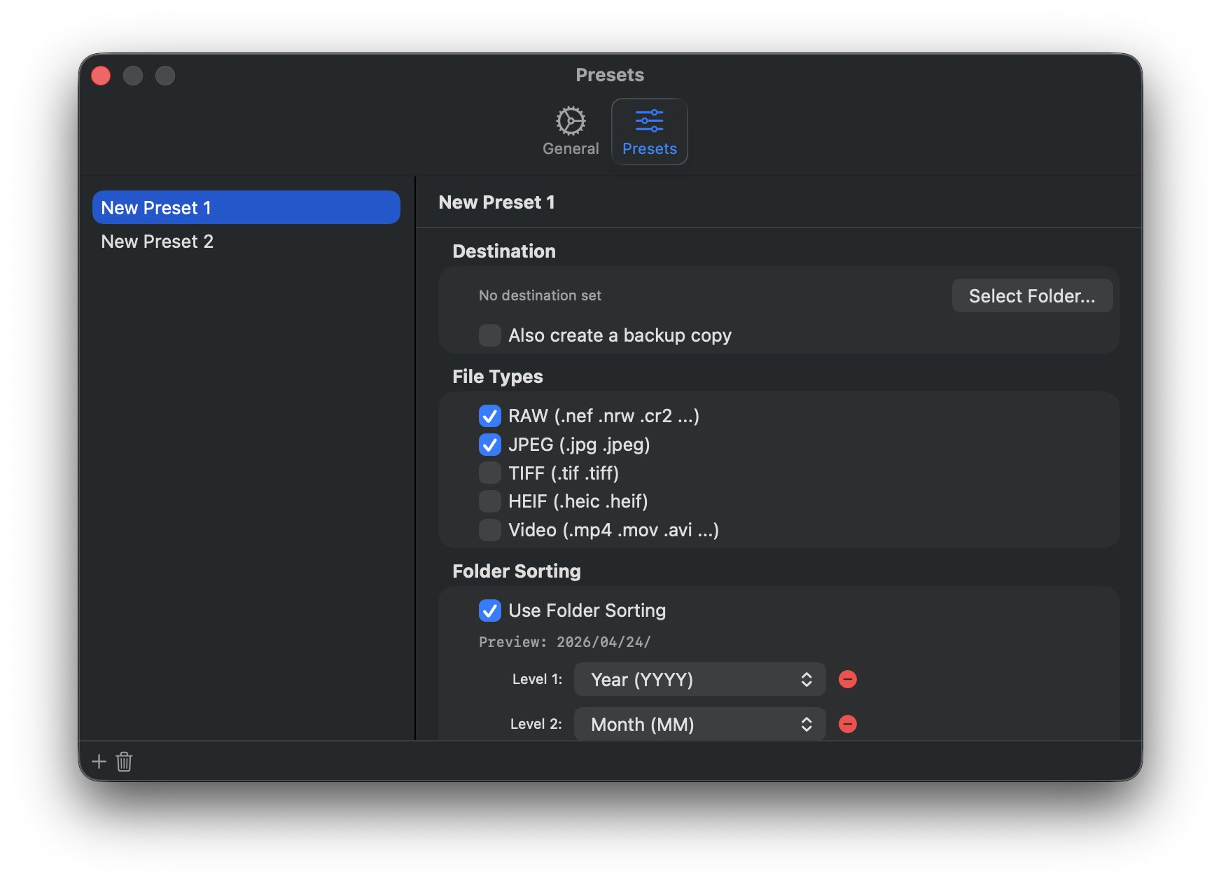 ShotGather Settings window — Presets tab